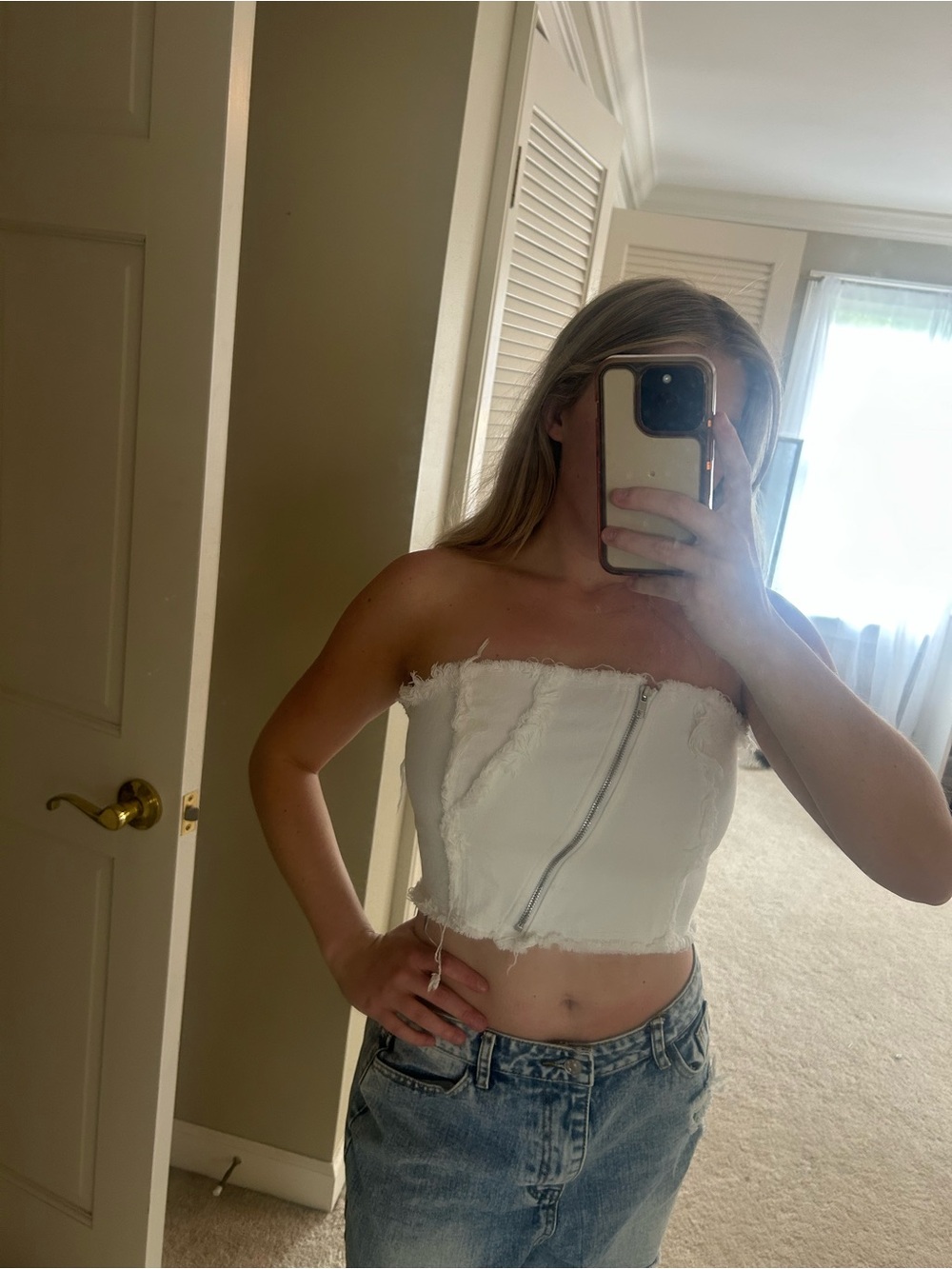 AKIRA White Strapless Frayed Zip Crop Top
